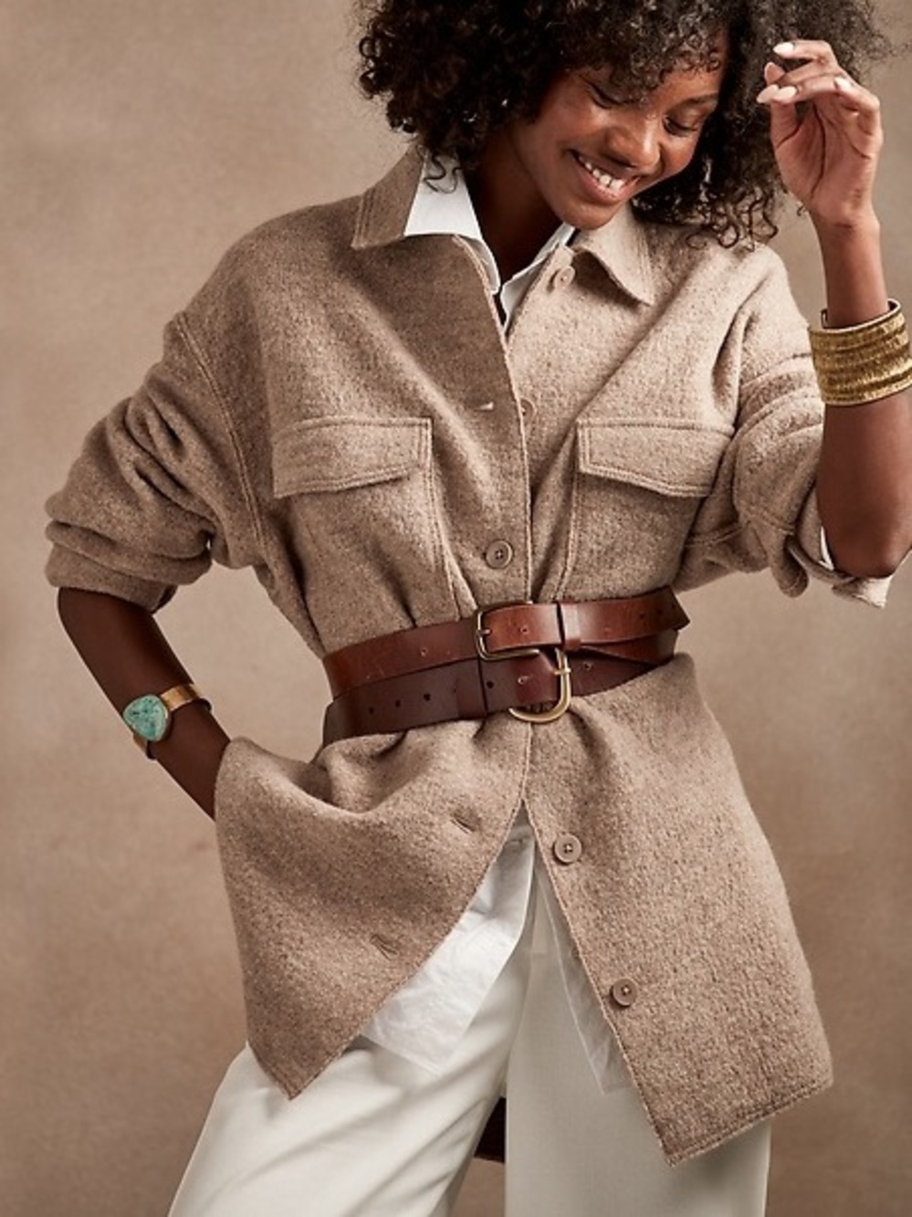 Banana Republic Oversized Italian Wool Shirt Jacket Taupe Button-Down Shacket XL